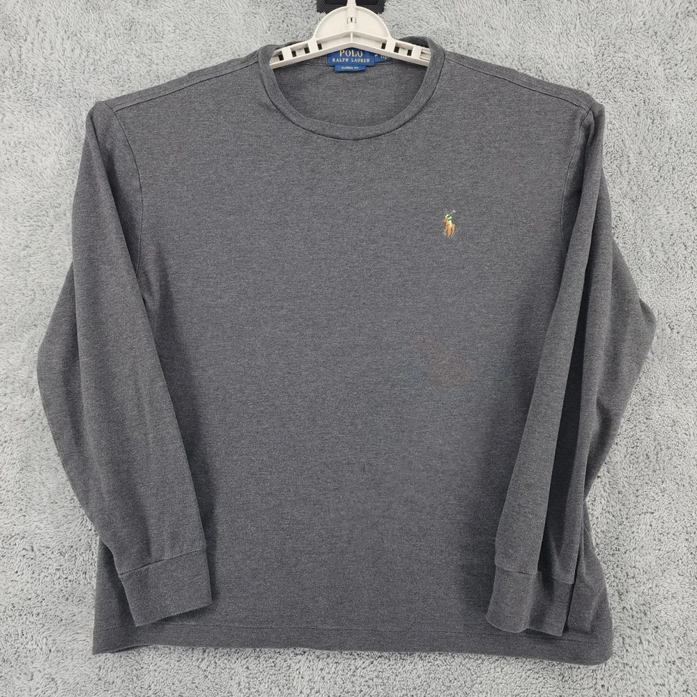 Polo Ralph Lauren Shirt Mens M Heather Gray Crewneck Flesh Pony Logo Long Sleeve